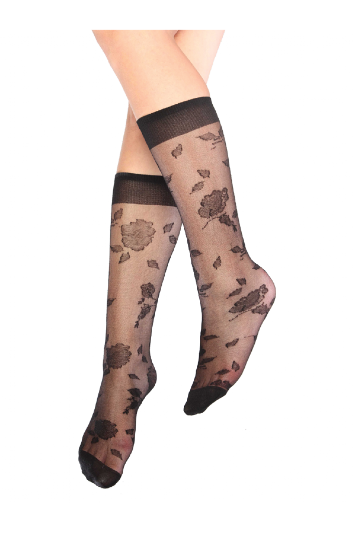 Mite Love Garden Desenli Dizaltı Kadın Çorap Siyah