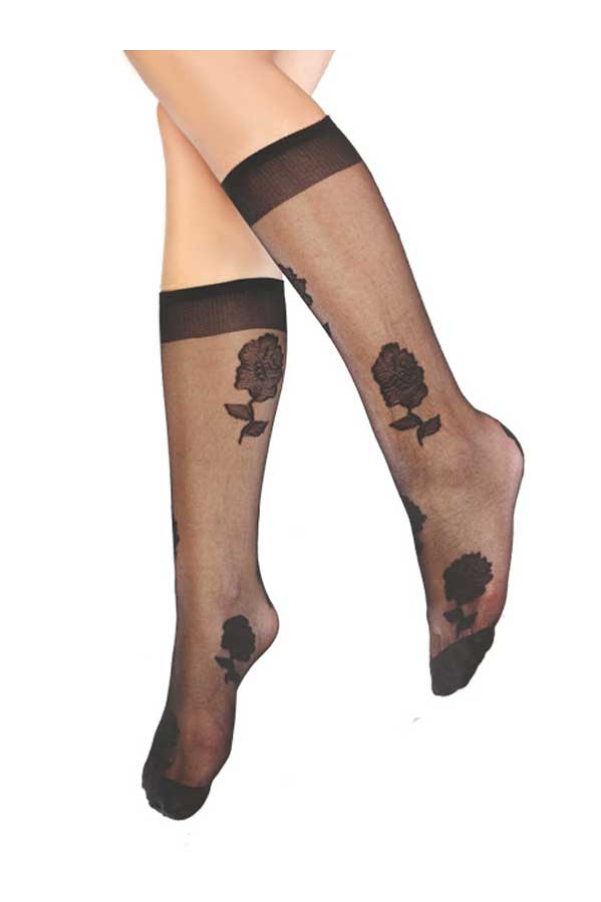 Mite Love Gül Desenli Dizaltı Kadın Çorap Siyah