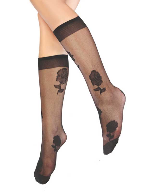 Mite Love Gül Desenli Dizaltı Kadın Çorap Siyah