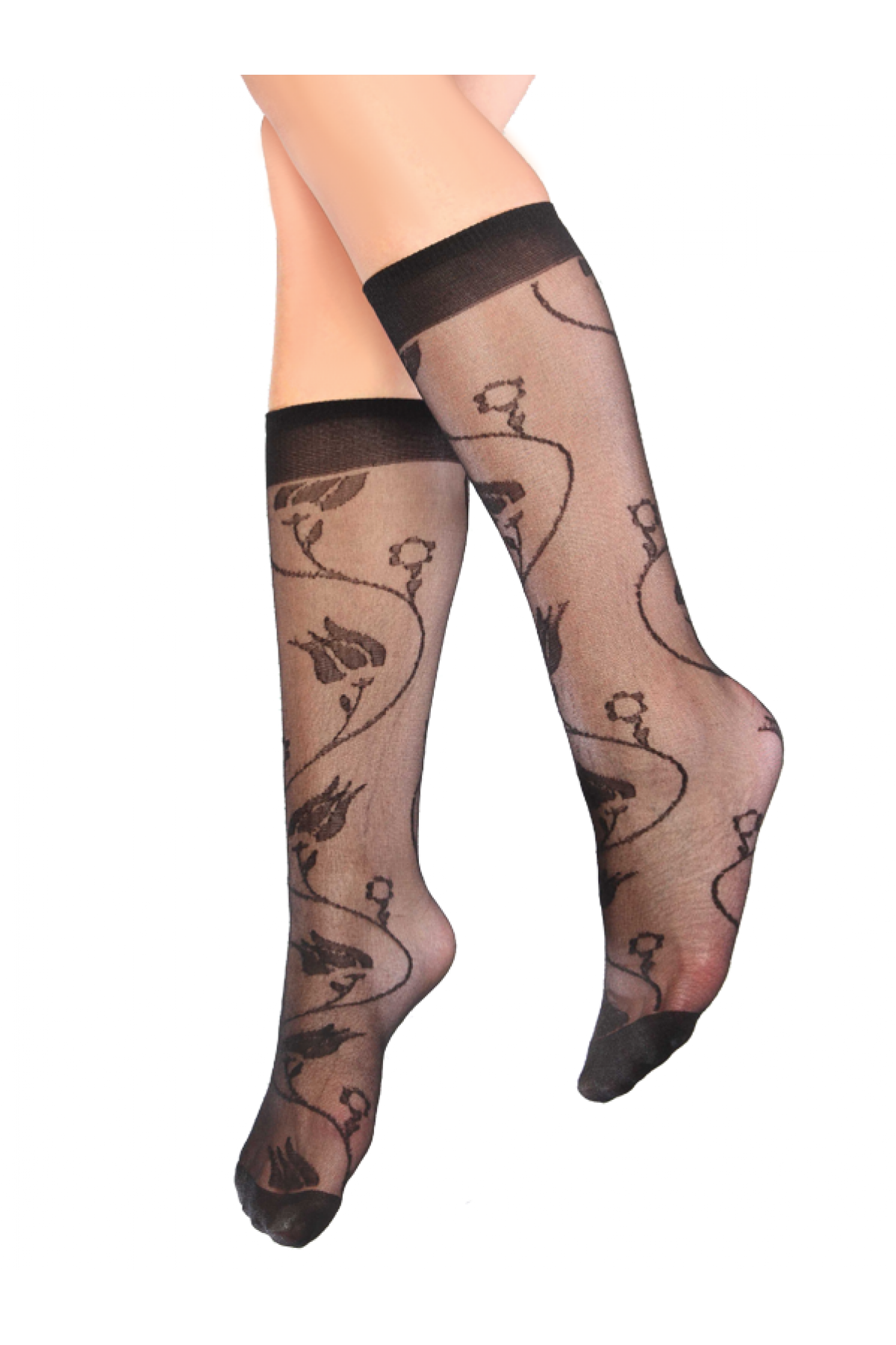Mite Love Lale Desenli Dizaltı Kadın Çorap Siyah