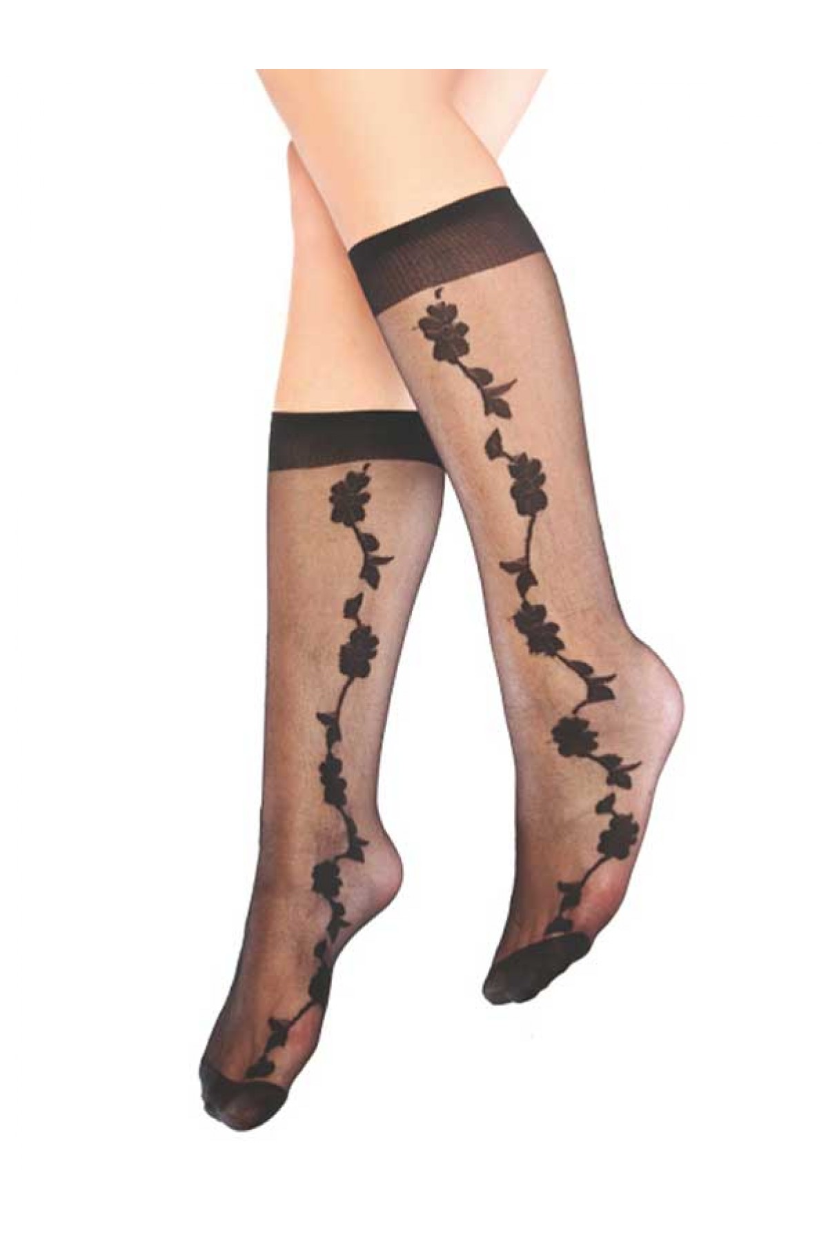 Mite Love Papatya Desenli Dizaltı Kadın Çorap Siyah